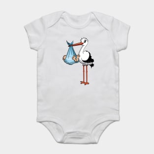 The stork who delivers the baby boy. Vector gender illustration. Baby Bodysuit